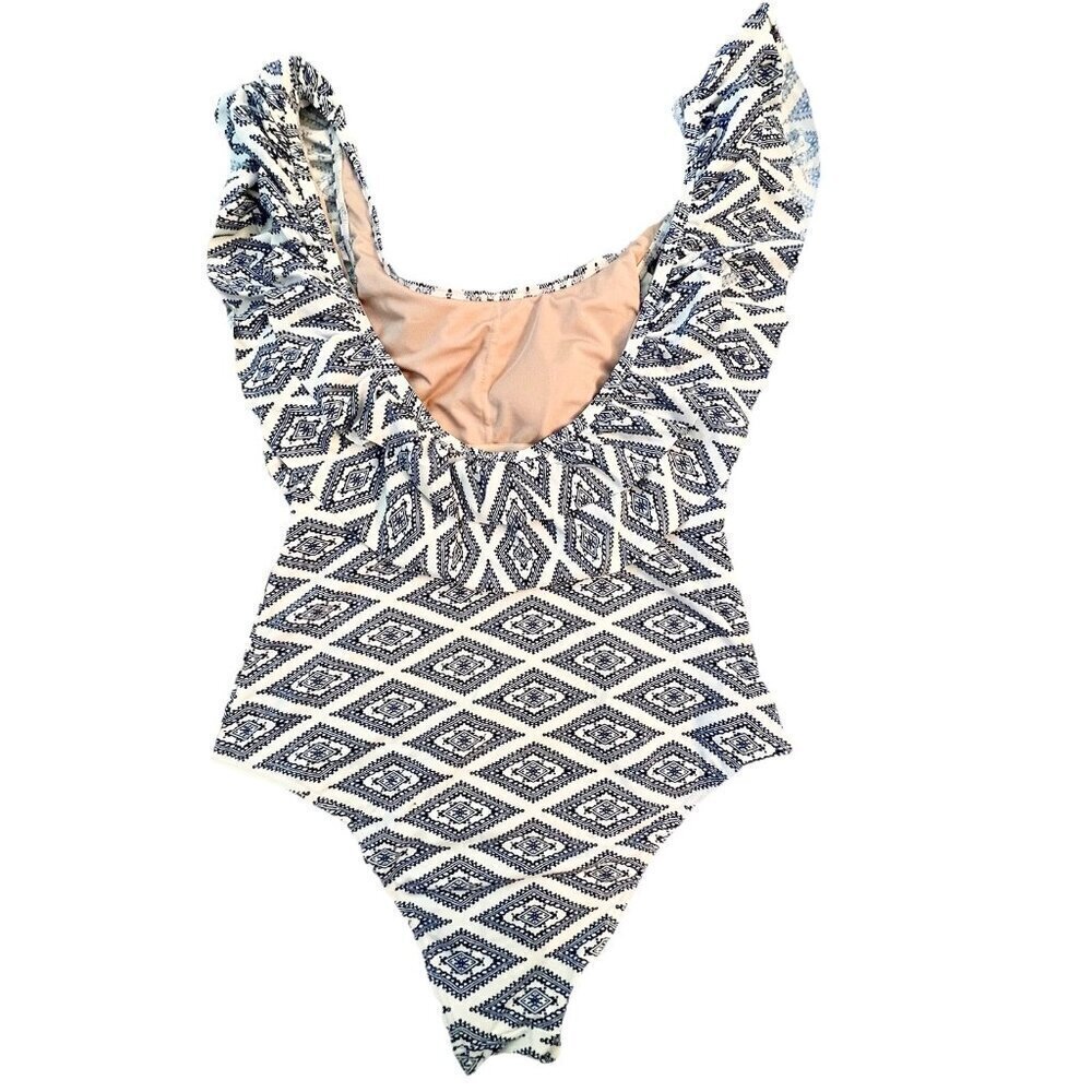 Tart Collections Women’s One Piece Swimsuit Size Small White Blue Ruffle - Picture 3 of 8